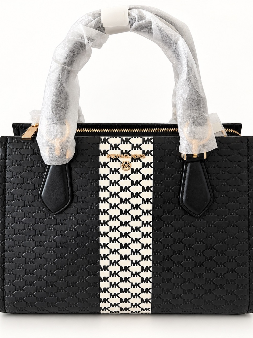 Michael Kors Black Embossed Logo Stripe Satchel